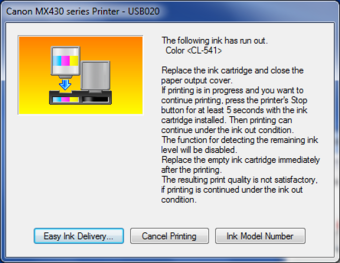 Empty colour cartridge error message